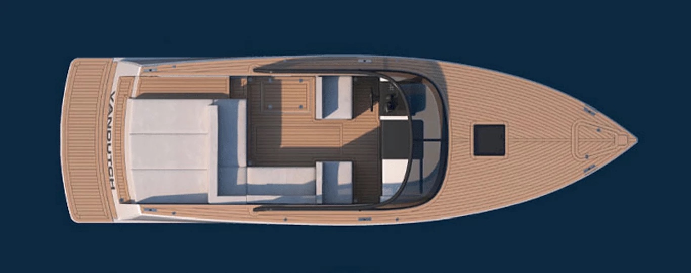 Top-down deck plan render of the VanDutch 32 showing the teak foredeck, cockpit seating and aft sun-lounge